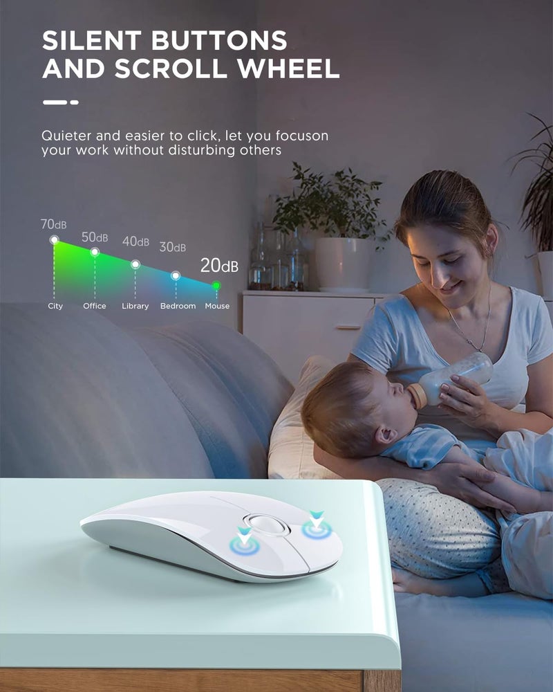 RAPIQUE Bluetooth Wireless Mouse - (BT5.1+USB) Slim Dual Mode Computer Mice with Quiet Click, Low Power, and 1600 DPI, Portable Cordless for MacBook, Laptop, iPad Pro/Air, Chromebook (White) - Image 3